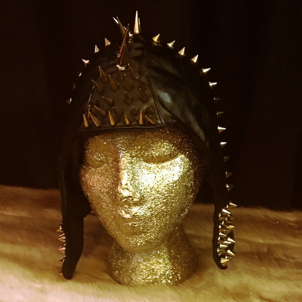 Black leather spike-studded aviator / trapper hat